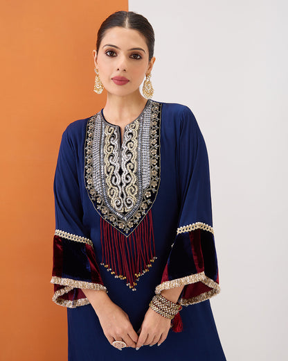 NAVY BLUE EMBROIDERED KURTA WITH VELVET DETAILING & DHOTI PANT SET