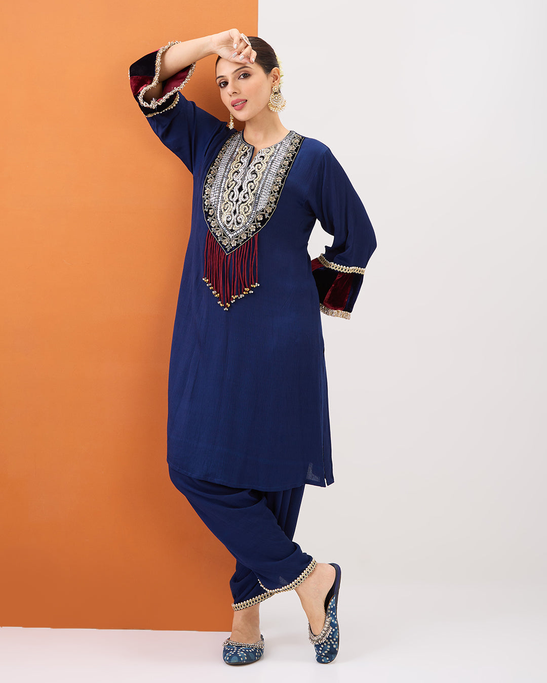 NAVY BLUE EMBROIDERED KURTA WITH VELVET DETAILING & DHOTI PANT SET