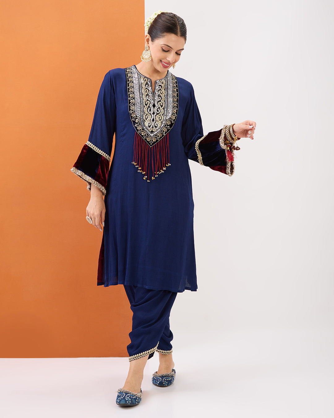 NAVY BLUE EMBROIDERED KURTA WITH VELVET DETAILING & DHOTI PANT SET