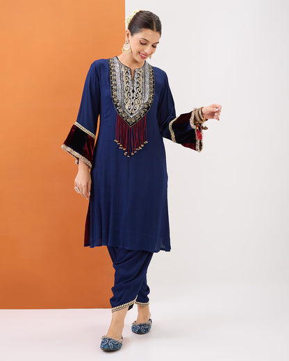 NAVY BLUE EMBROIDERED KURTA WITH VELVET DETAILING & DHOTI PANT SET