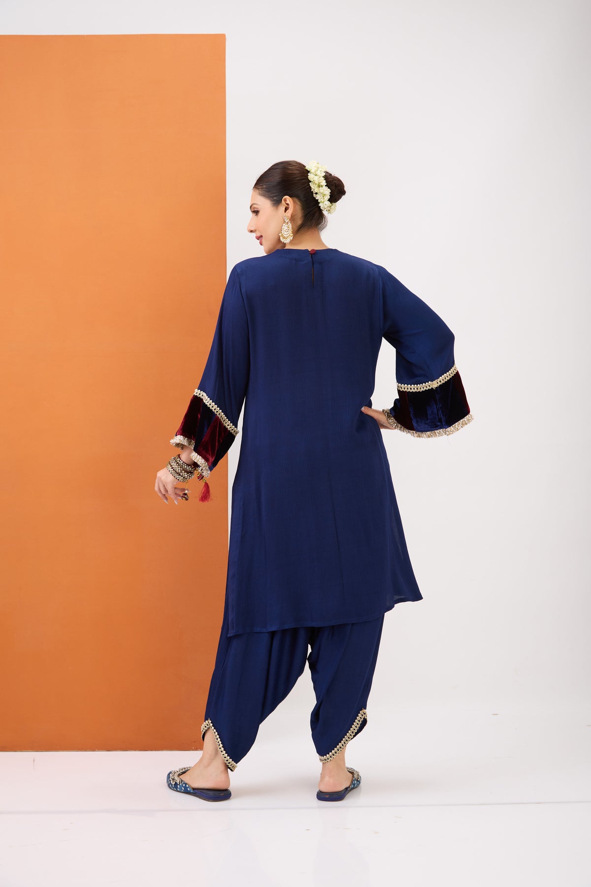 NAVY BLUE EMBROIDERED KURTA WITH VELVET DETAILING & DHOTI PANT SET