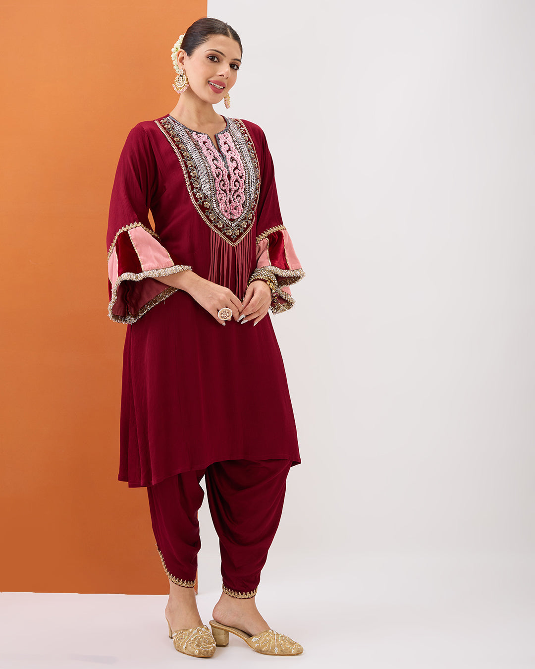 MAROON EMBROIDERED KURTA WITH VELVET DETAILING & DHOTI PANT SET