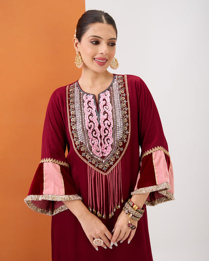 MAROON EMBROIDERED KURTA WITH VELVET DETAILING & DHOTI PANT SET
