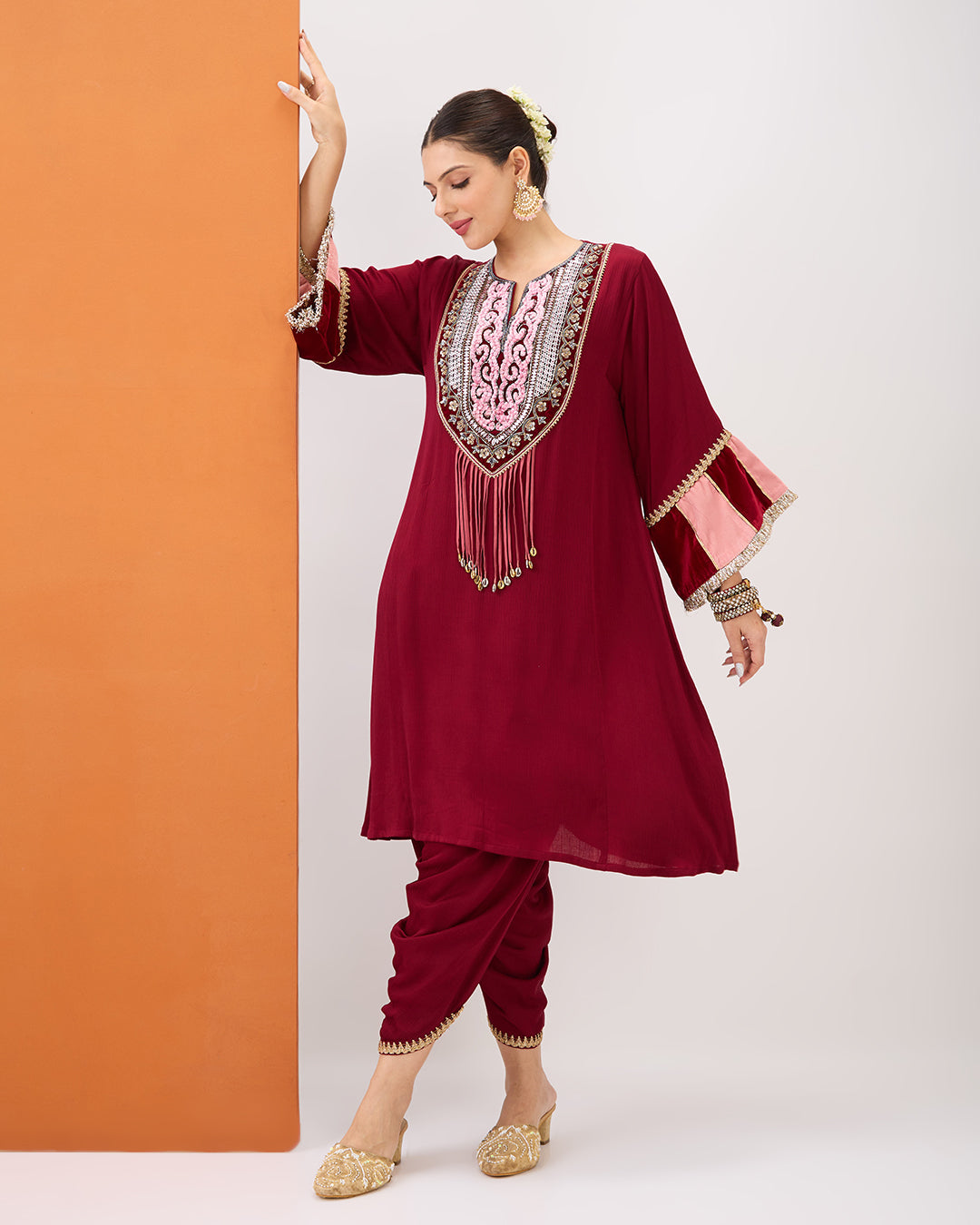 MAROON EMBROIDERED KURTA WITH VELVET DETAILING & DHOTI PANT SET