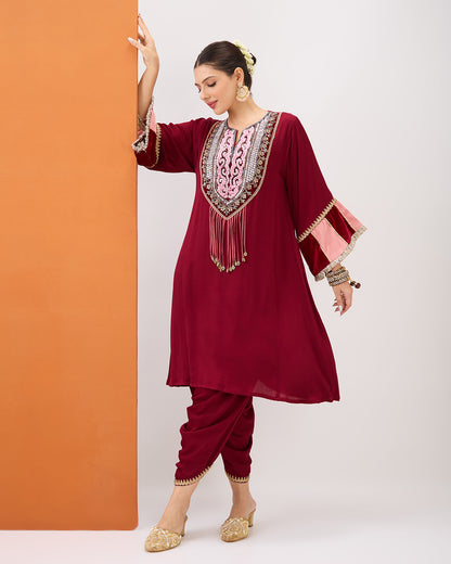 MAROON EMBROIDERED KURTA WITH VELVET DETAILING & DHOTI PANT SET