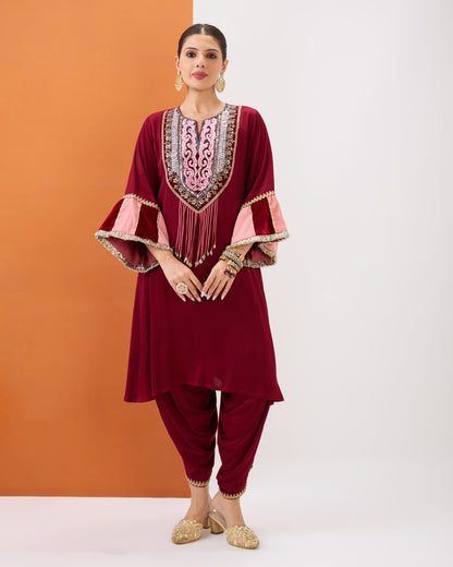 MAROON EMBROIDERED KURTA WITH VELVET DETAILING & DHOTI PANT SET