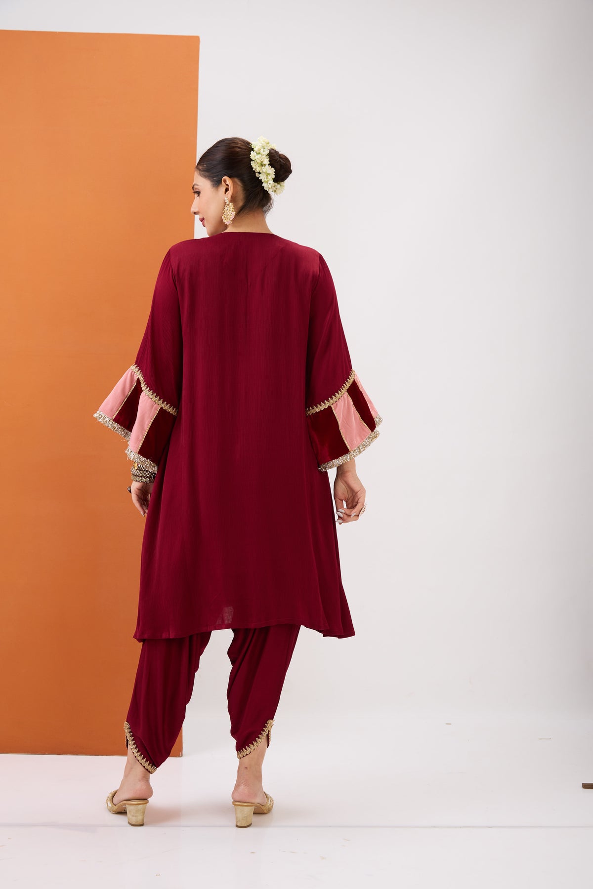 MAROON EMBROIDERED KURTA WITH VELVET DETAILING & DHOTI PANT SET