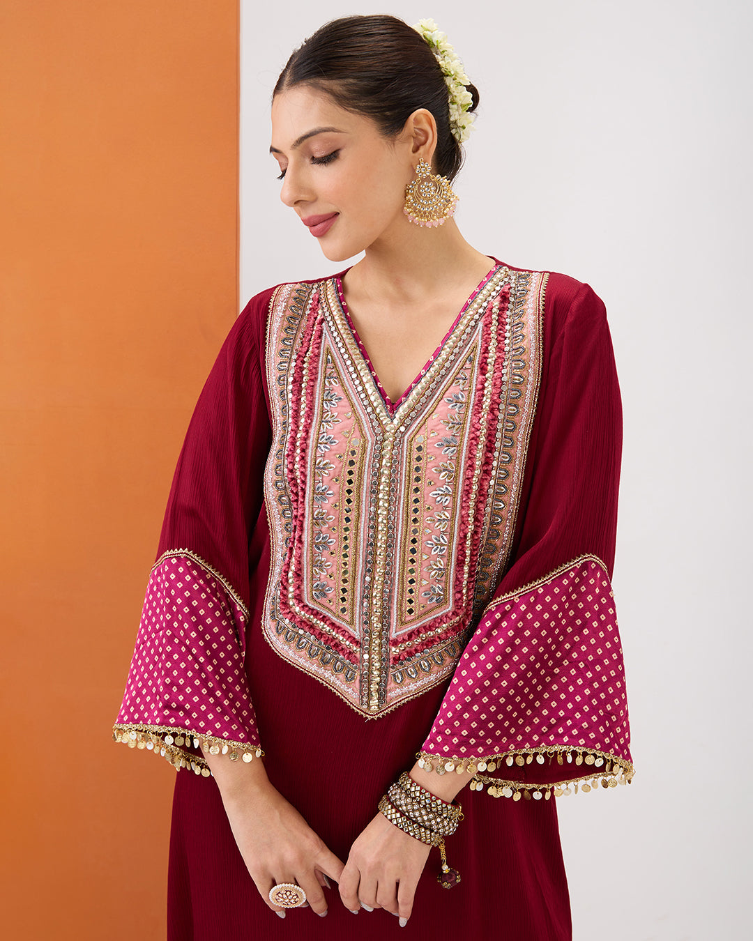 MAROON KURTA WITH BANDHANI DETAILING & GATHERED PANT SET