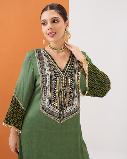 OLIVE GREEN KURTA WITH AJRAKH DETAILING & GATHERED PANT SET
