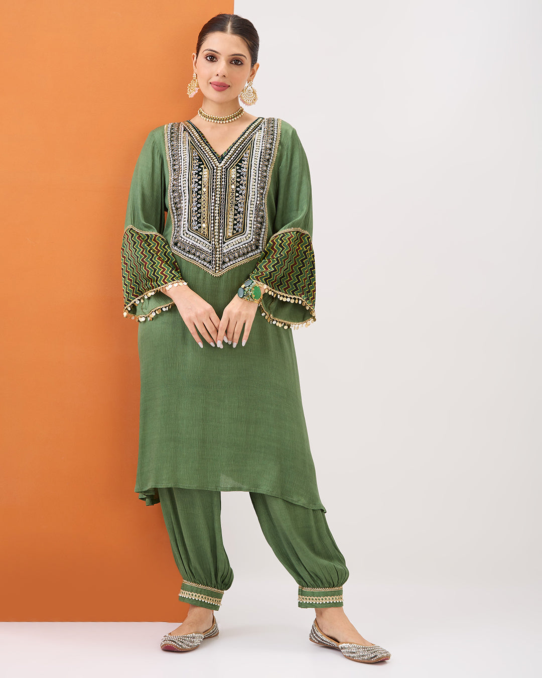 OLIVE GREEN KURTA WITH AJRAKH DETAILING & GATHERED PANT SET