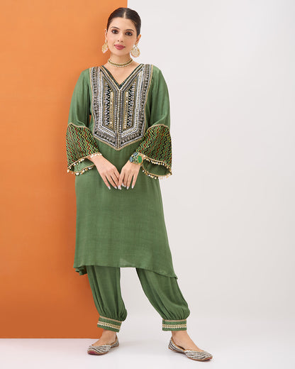 OLIVE GREEN KURTA WITH AJRAKH DETAILING & GATHERED PANT SET
