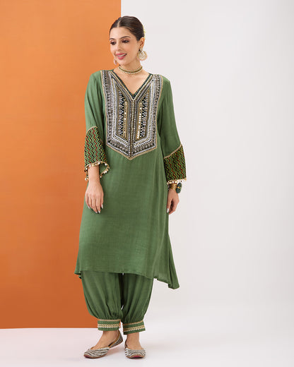 OLIVE GREEN KURTA WITH AJRAKH DETAILING & GATHERED PANT SET