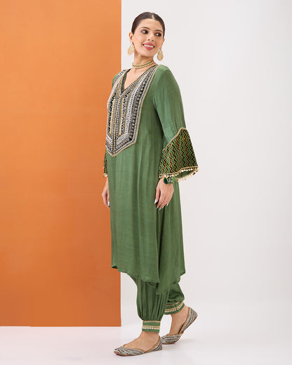 OLIVE GREEN KURTA WITH AJRAKH DETAILING & GATHERED PANT SET