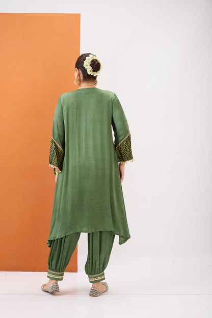 OLIVE GREEN KURTA WITH AJRAKH DETAILING & GATHERED PANT SET