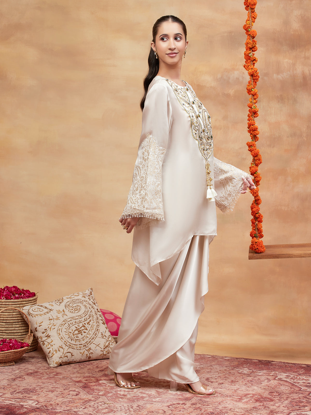 PANCHGANGA IVORY HAND EMBROIDERED BANARASI SKIRT SET