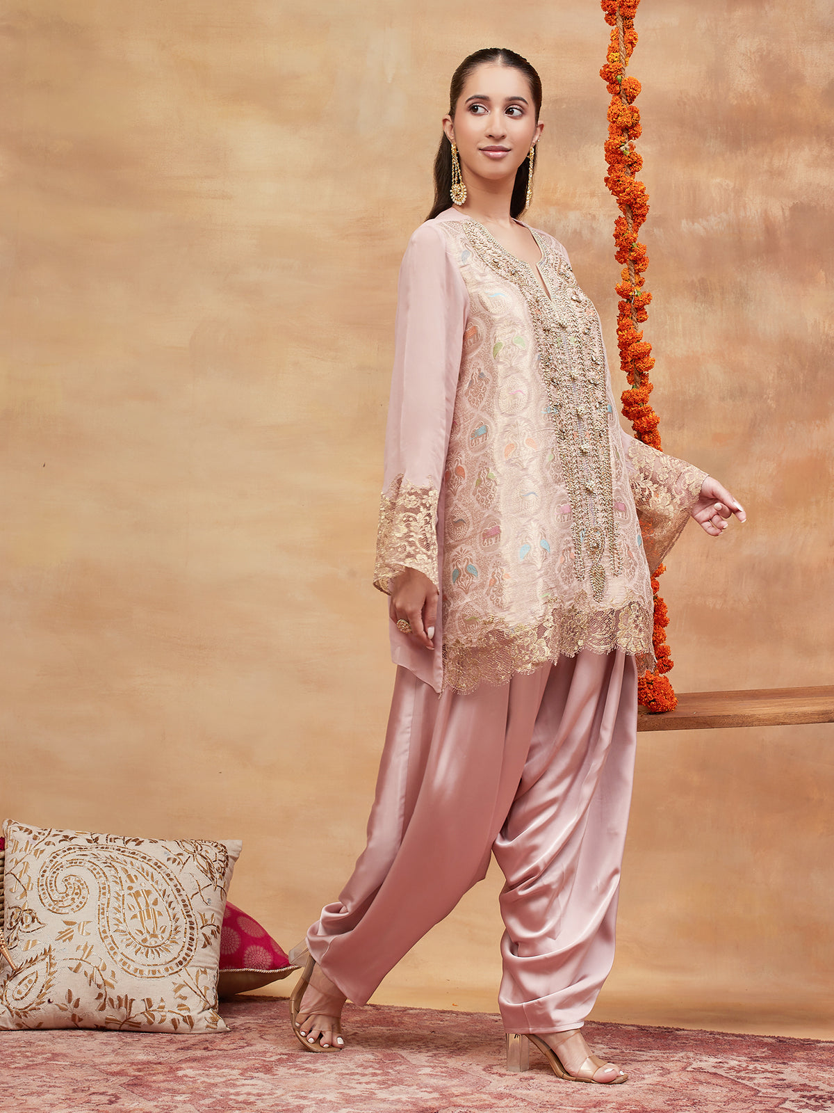AHILYA GULAB HAND EMBROIDERED BANARASI DHOTI SET