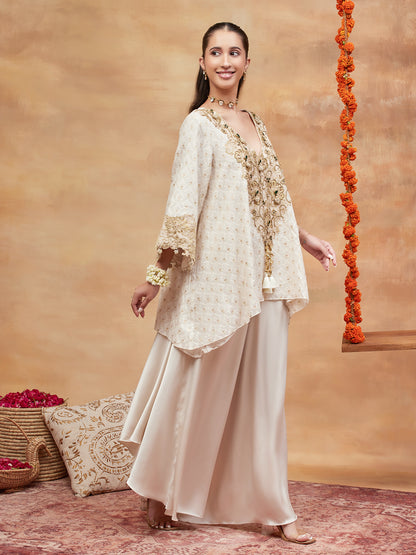 MANSAROVAR IVORY HAND EMBROIDERED BANARASI FLARED PANT SET