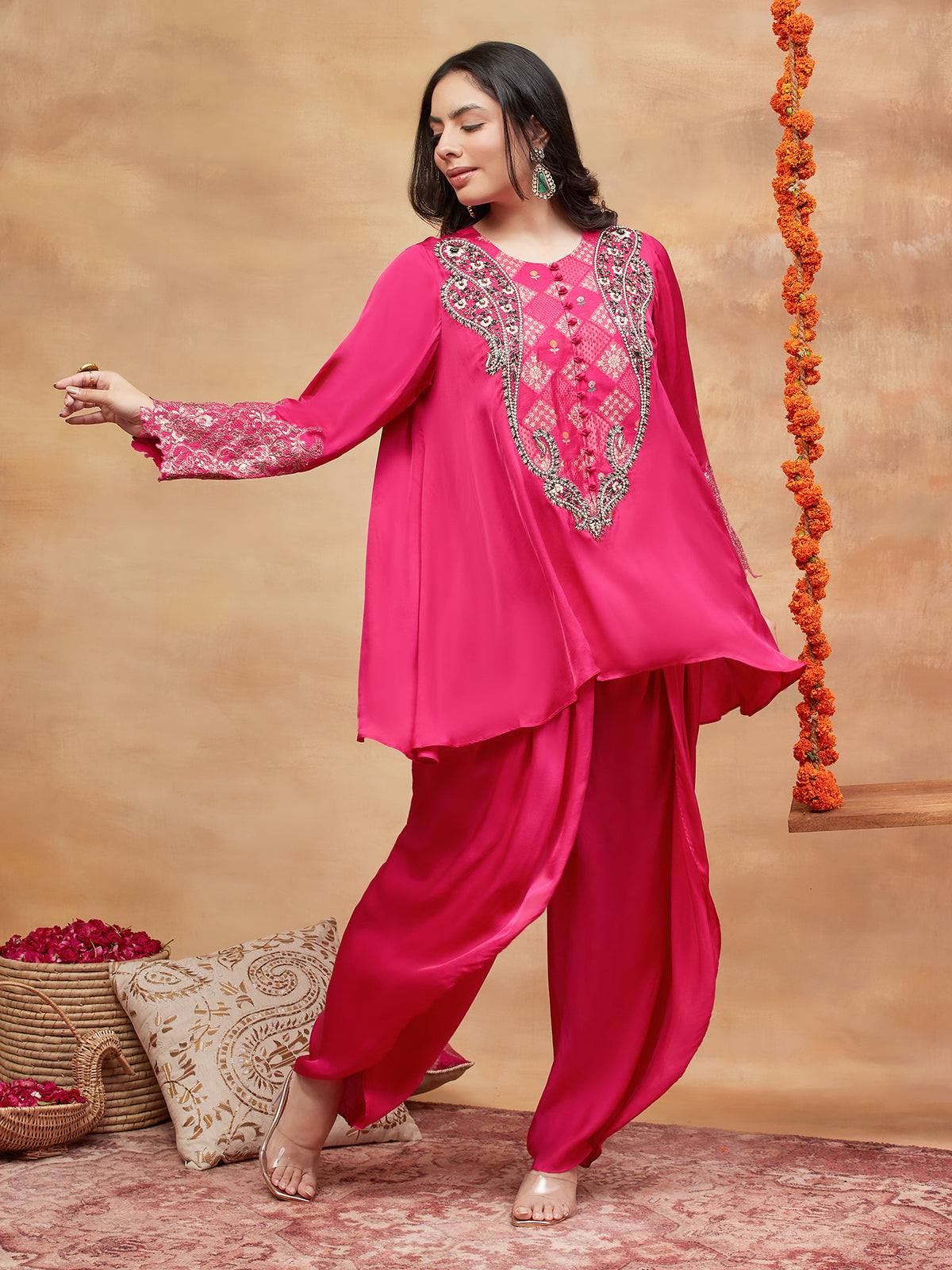 REWA GULABI HAND EMBROIDERED BANARASI DHOTI SET