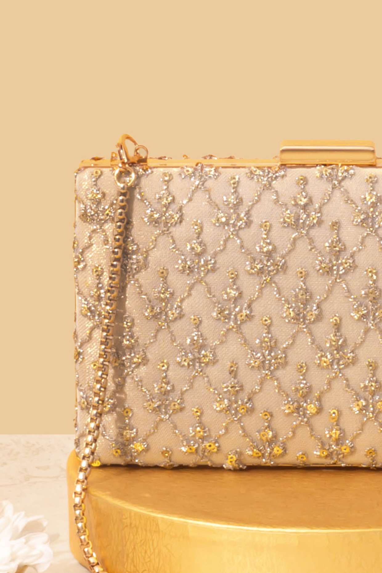 ANYA EMBROIDERED BOX CLUTCH - GOLD