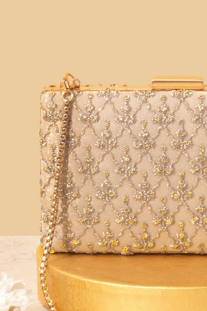 ANYA EMBROIDERED BOX CLUTCH - GOLD