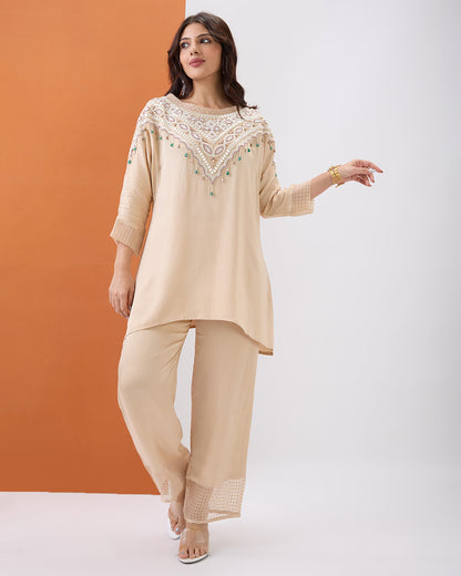 BEIGE EMBROIDERED CO-ORD SET