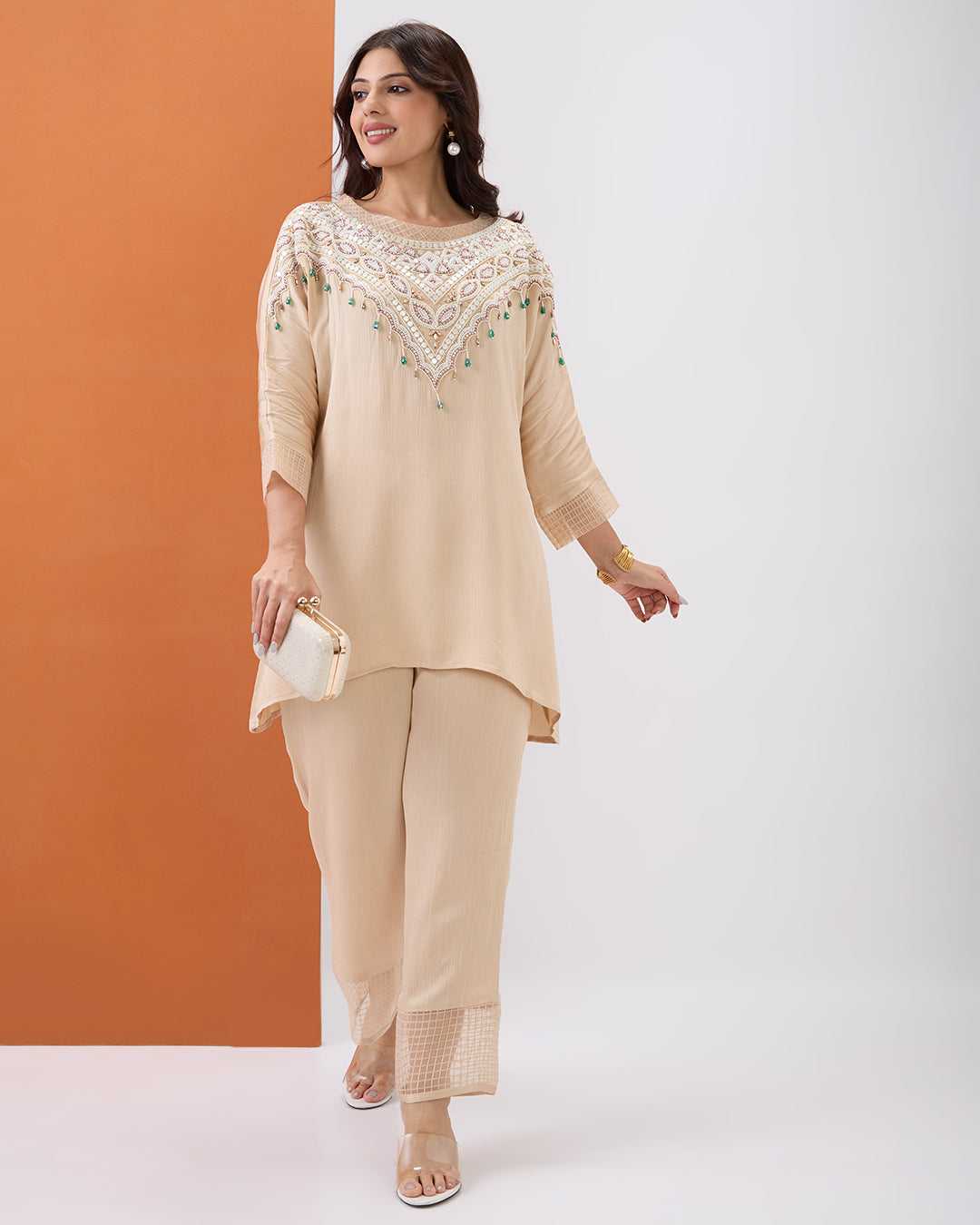BEIGE EMBROIDERED CO-ORD SET