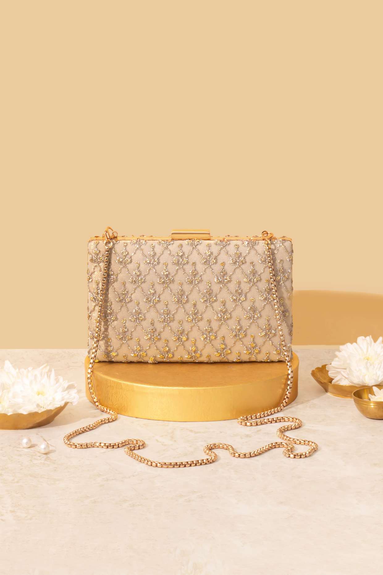 ANYA EMBROIDERED BOX CLUTCH - GOLD