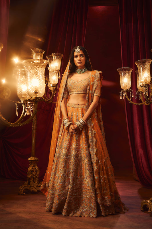 RUST RAW SILK EMBROIDERED LEHENGA SET