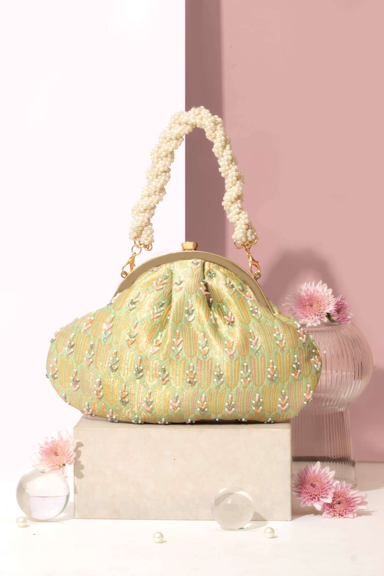 TITLI PURE BANARASI SILK VINTAGE PURSE - GREEN