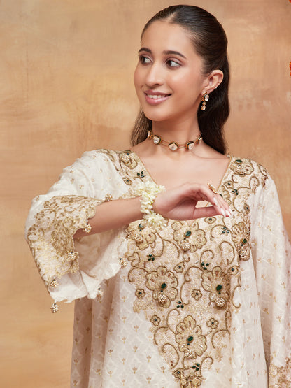 MANSAROVAR IVORY HAND EMBROIDERED BANARASI FLARED PANT SET