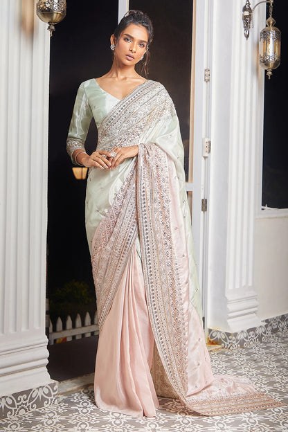 MINT AND PINK EMBROIDERED BLOCK SAREE WITH MINT EMBROIDERED BLOUSE