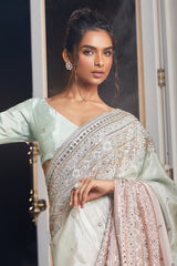 MINT AND PINK EMBROIDERED BLOCK SAREE WITH MINT EMBROIDERED BLOUSE