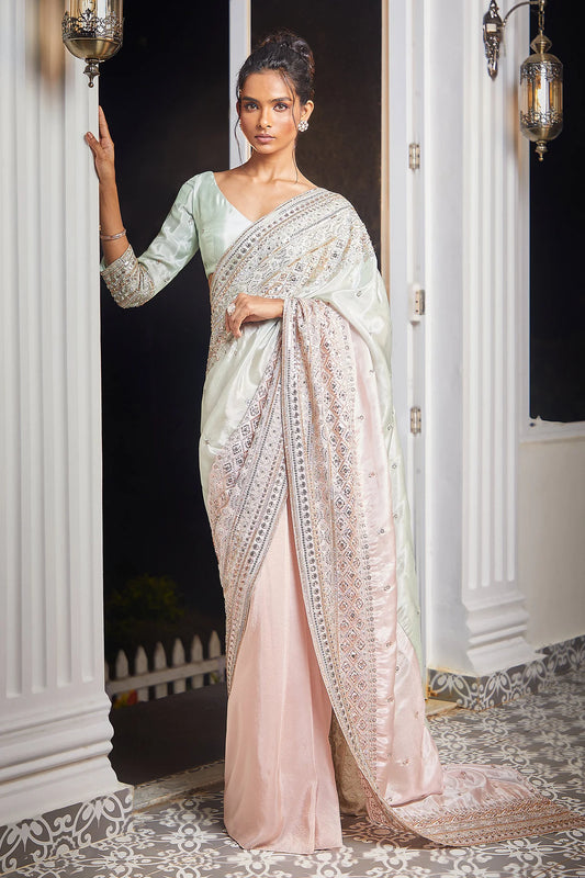 MINT AND PINK EMBROIDERED BLOCK SAREE WITH MINT EMBROIDERED BLOUSE