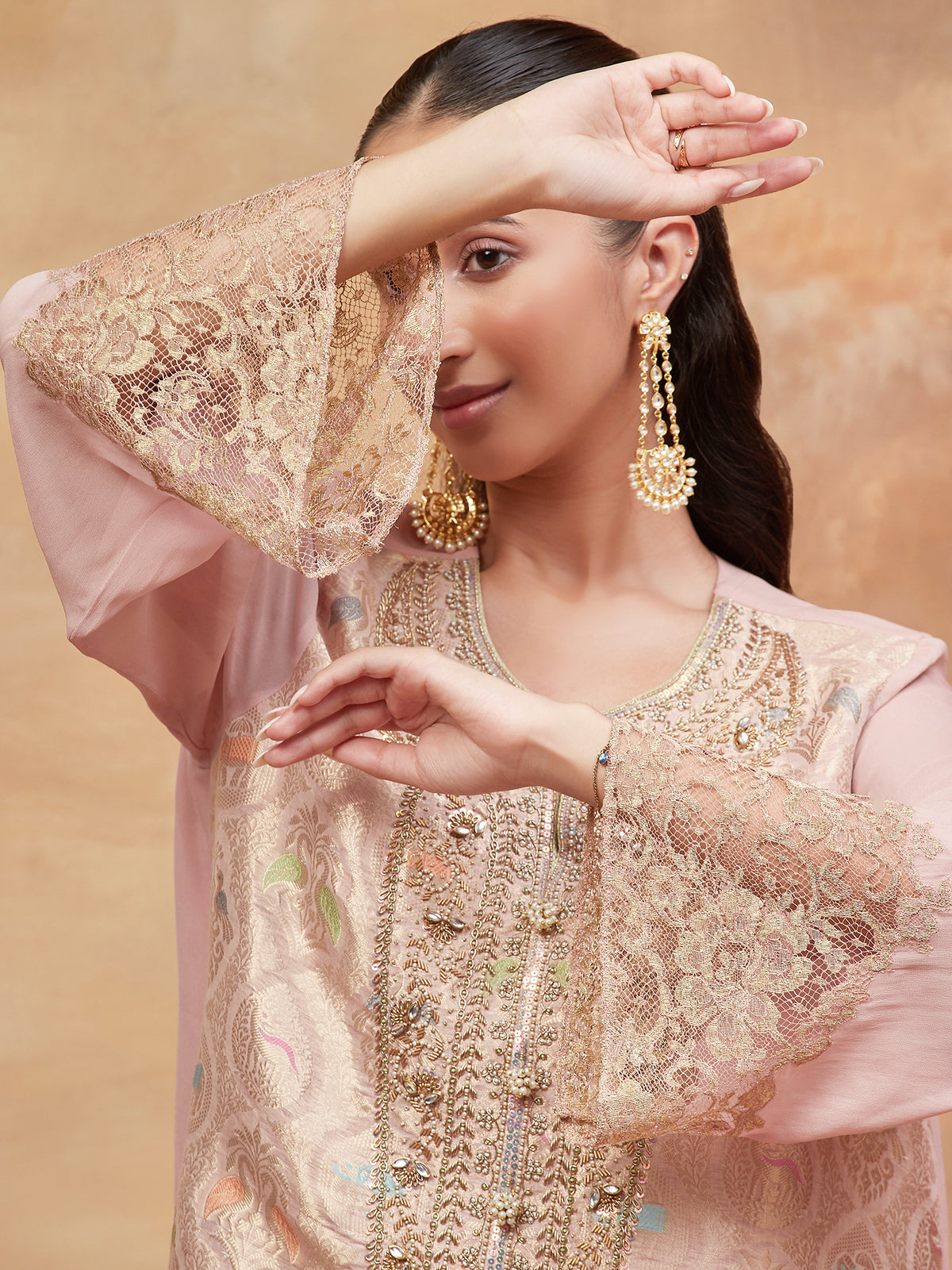AHILYA GULAB HAND EMBROIDERED BANARASI DHOTI SET