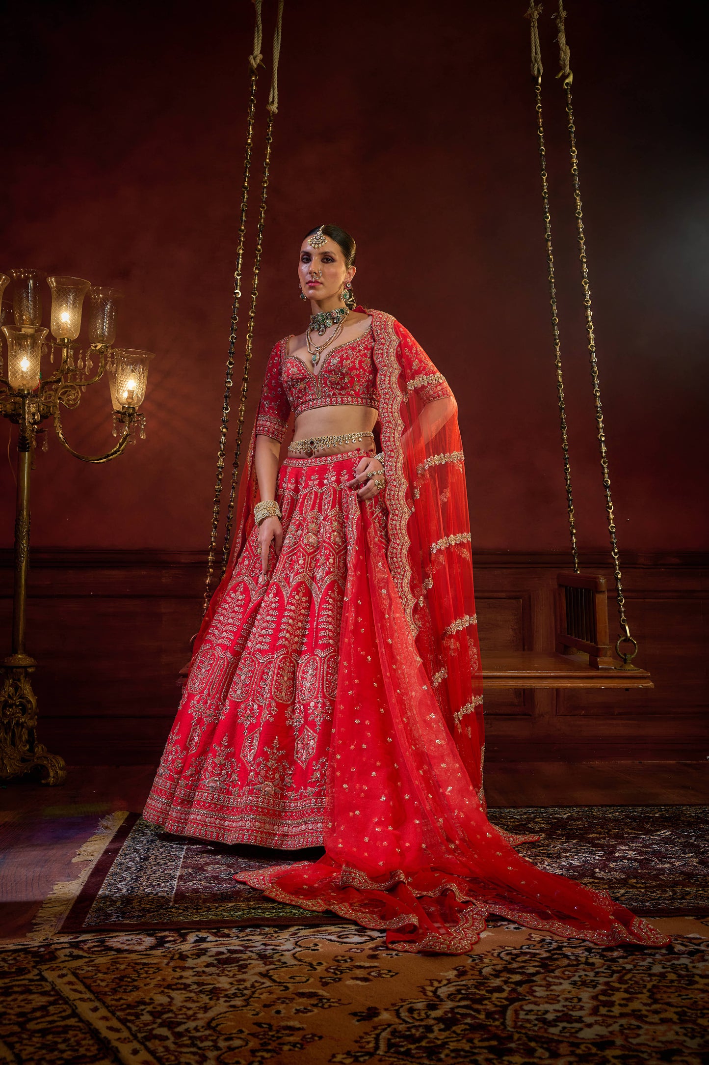 RED RAW SILK EMBROIDERED LEHENGA SET