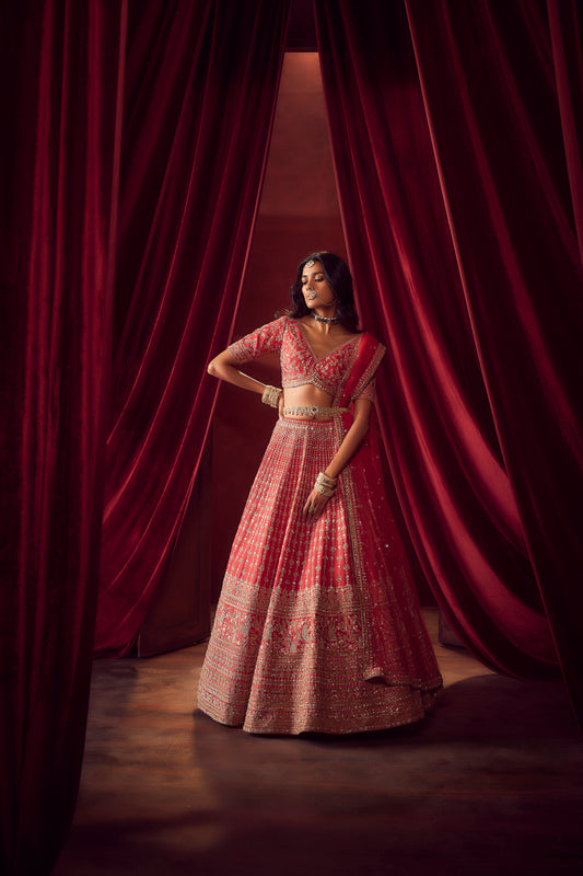 RANI PINK RAW SILK EMBROIDERED LEHENGA SET