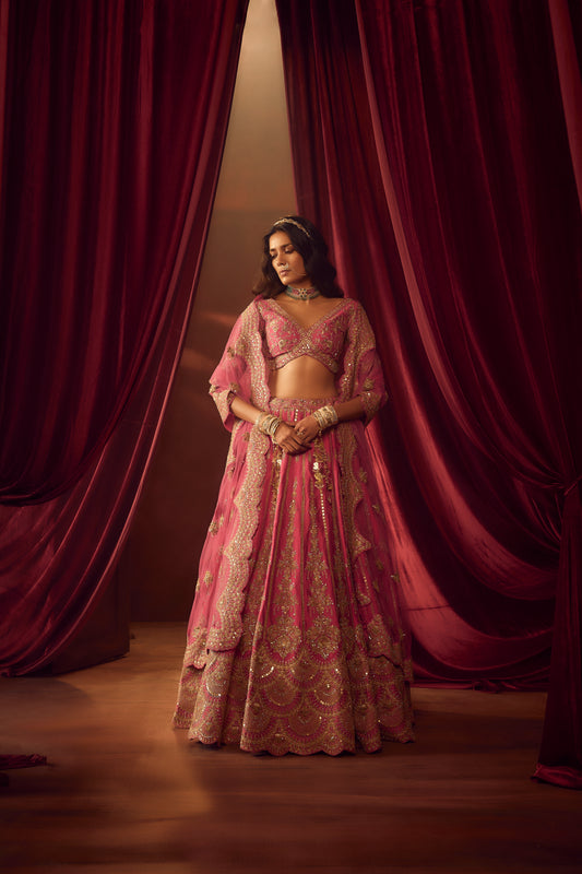 PINK RAW SILK EMBROIDERED LEHENGA SET