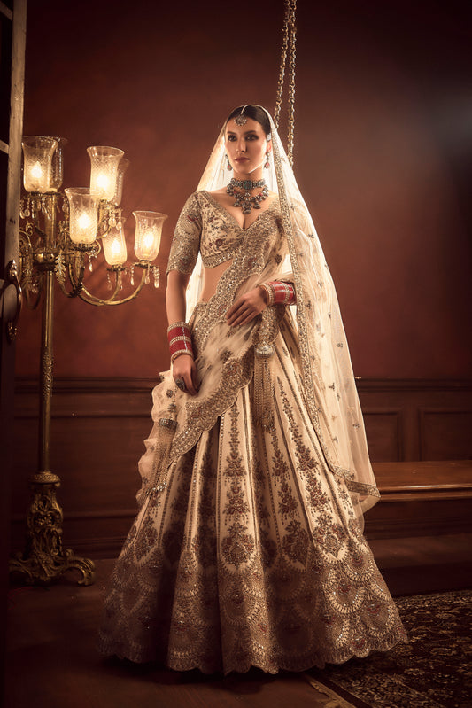 IVORY RAW SILK EMBROIDERED LEHENGA SET