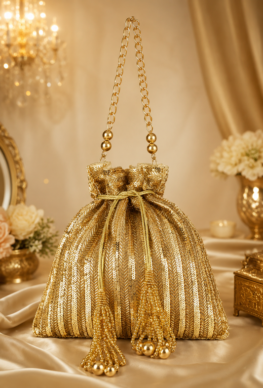 GOLD SEQUINS HANDEMBROIDERED POTLI