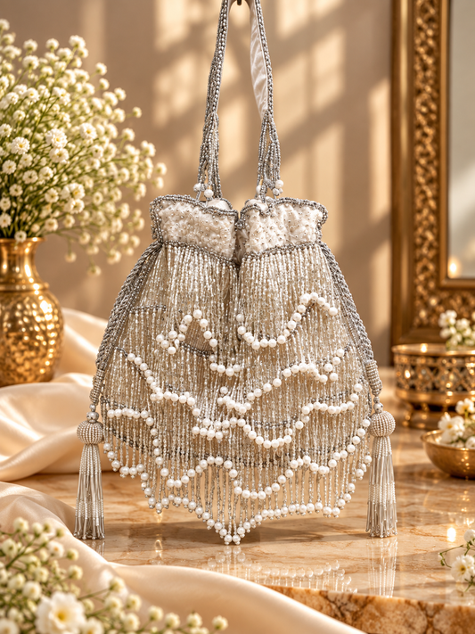 SILVER WHITE FRINGE GLAM POTLI