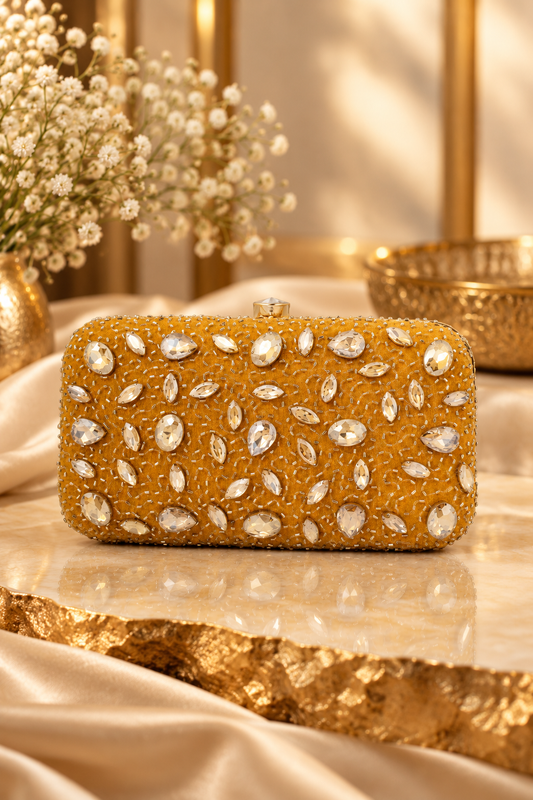 CRYSTAL STUDDED HANDEMBROIDERED CLUTCH