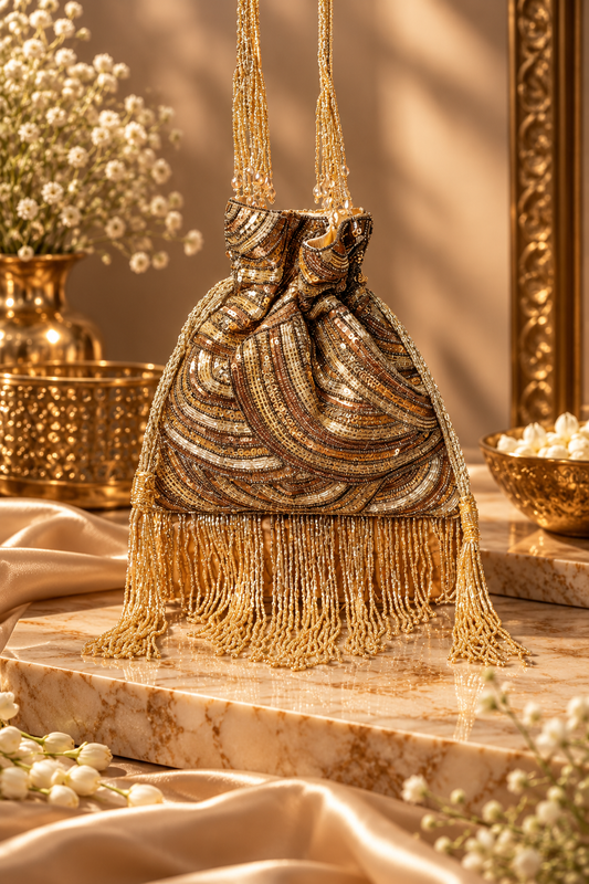 GLITTERING TASSELS HANDEMBROIDERED POTLI