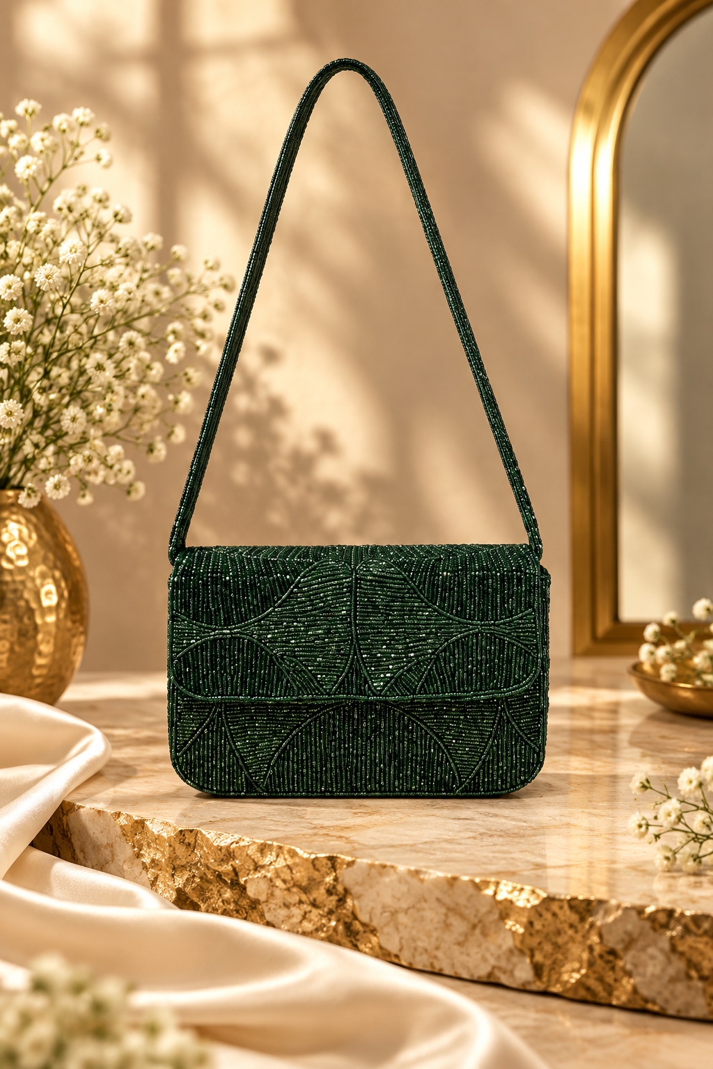 EVERGREEN LUXE BEADED HANDEMBROIDERED PURSE