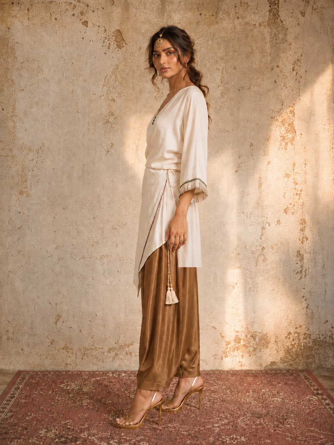 OFF WHITE BROWN TIE UP KAFTAN SET