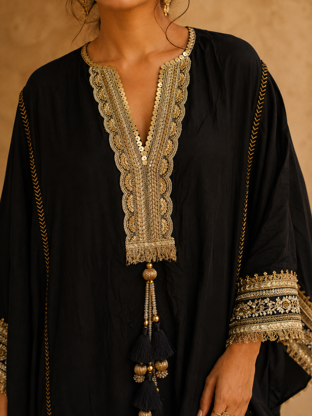 BLACK COTTON SILK KAFTAN SET