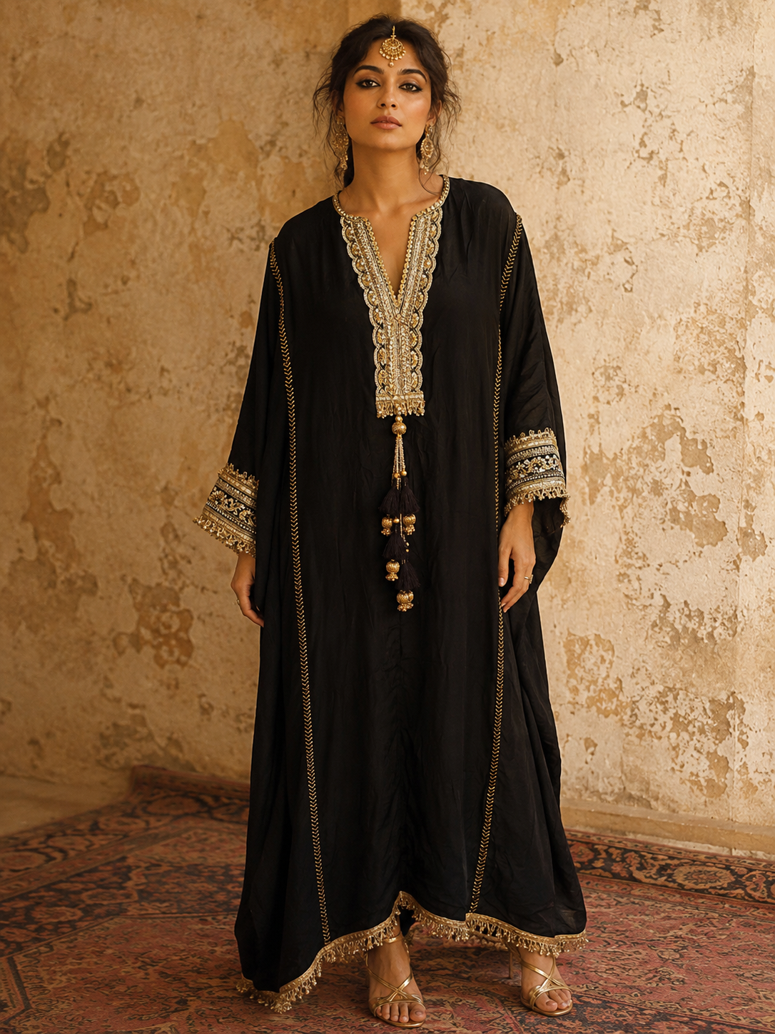 BLACK COTTON SILK KAFTAN SET