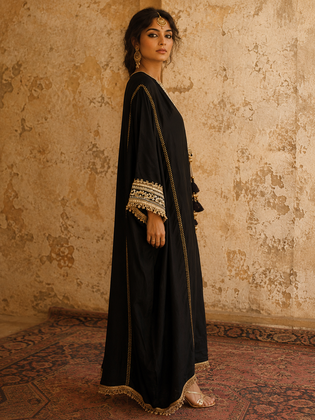 BLACK COTTON SILK KAFTAN SET