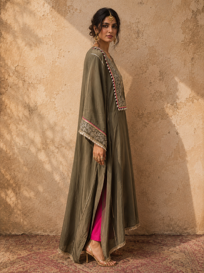 GREIGE COTTON SILK KAFTAN SET