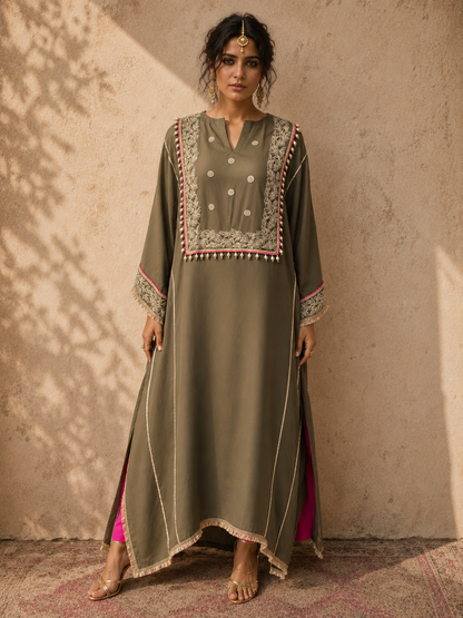 GREIGE COTTON SILK KAFTAN SET