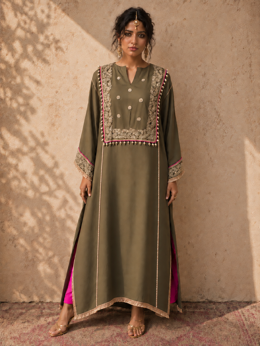 GREIGE COTTON SILK KAFTAN SET